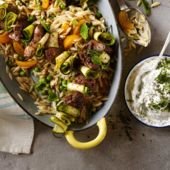  Lamb kebabs with pea, apricot and mint orzo and garlic yogurt  