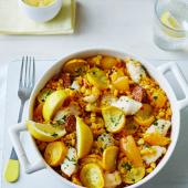 Monkfish, chorizo and vegetable paella with saffron aioli
