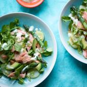 Hot smoked trout, new potato and pea shoot salad