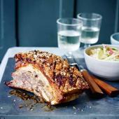 Slow-roast pork belly with apple, celeriac and fennel slaw