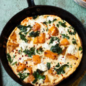 Pumpkin, kale and goats’ cheese frittata