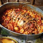 Spanish pot-roasted lamb with chorizo and white beans 