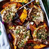 Maple pork chops and sweet potato traybake