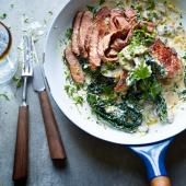 Steak with creamy cavolo nero and mushrooms