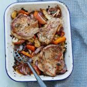 Pork chop, root veg and apple traybake