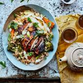Crispy tea-brined chicken with warm rice salad
