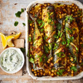 Turmeric roast mackerel with spiced chickpeas and raita