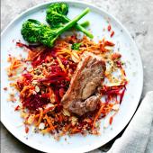 Lamb steaks with beetroot, carrot and almond quinoa salad