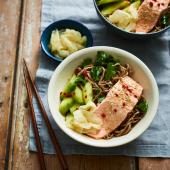 Ginger salmon with sesame noodles and cucumber salad