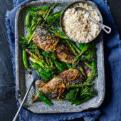 Traybaked teriyaki mackerel with greens