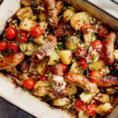 All-in one sausage and crispy potato bake