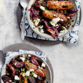Sausages with mustardy lentils, beetroot and feta
