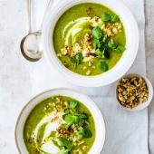 Pea and turmeric soup with walnut crumbs