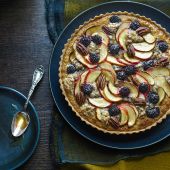 Butterscotch, apple and blackberry crumble tart