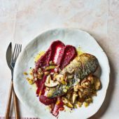 Herbed mackerel with beetroot purée and mushrooms