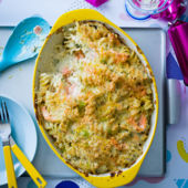 Scandi salmon pasta bake