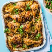 Spiced chicken traybake with spinach and lentils 