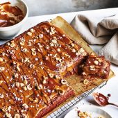 Chocolate hazelnut traybake with salted caramel icing