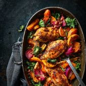 Sticky maple chicken traybake