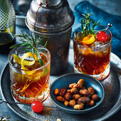 Brown sugar Manhattans with smoked rosemary