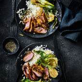 Spiced orange-glazed duck with gingered pak choi