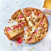 Rhubarb and custard buckle cake