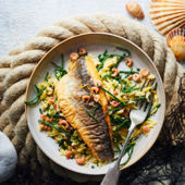Sea bass with buttered brown shrimp orzo