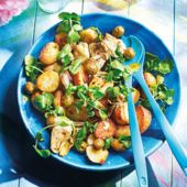Roast baby potatoes with olives and artichokes