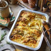 Savoy cabbage gratin with herby cheddar crumbs