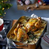 Poussins with potato, celeriac and porcini gratin