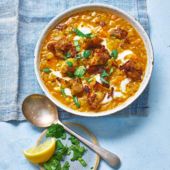 Spiced carrot and lentil soup with bhajia nuggets