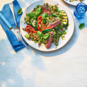 Pesto-crusted lamb with green quinoa