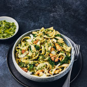 Tagliatelle with walnut and kale pesto