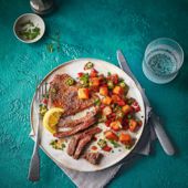 Steak with sweet potato succotash