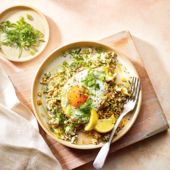 Dill and feta rice with crispy fried eggs