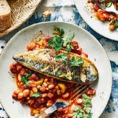 Sicilian-style mackerel with white beans and caponata