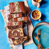 Milk chocolate, tahini and halva loaf cake 