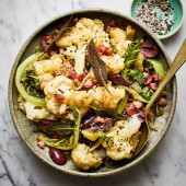 Cauliflower with pancetta and black olives
