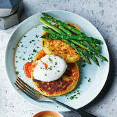 Potato pancakes with grilled asparagus and poached eggs