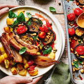 Pork belly with roasted aubergine and tomatoes
