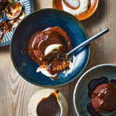 Sticky toffee pudding with miso toffee sauce and whipped crème fraîche