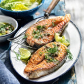 Salmon steaks with caper and anchovy salsa
