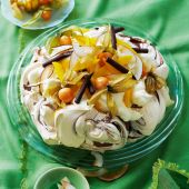 Chocolate swirl pavlova with mango and physalis