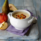 Apple, pear and Stilton soup with chorizo and croutons