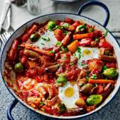 Turkish bubble and squeak with eggs and tahini dressing