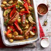 Sausage, fennel and pepper traybake