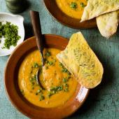 Roast pumpkin soup with pistachio pesto sprinkles