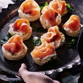 Potato and black pepper scones with soured cream and smoked salmon