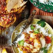 Pot-roasted curried chicken with garam masala, mango chutney and lemon