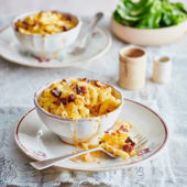 Baked macaroni, chorizo and Chaource cheese pots